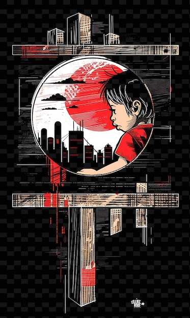 PSD a poster for a child with a red shirt and a city in the background