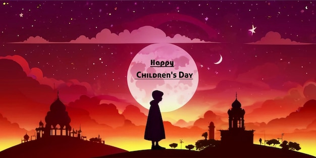 a poster for childrens birthday with a girl and the moon in the background