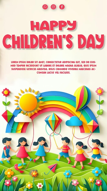 poster for childrens day with a rainbow and childrens day