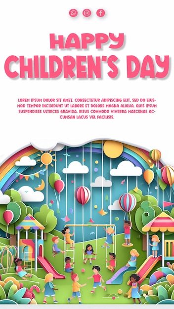 PSD poster for childrens day with a rainbow and clouds