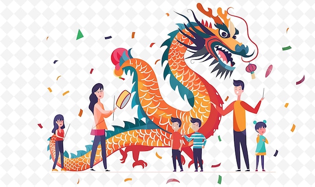 a poster of a chinese dragon with a person and children