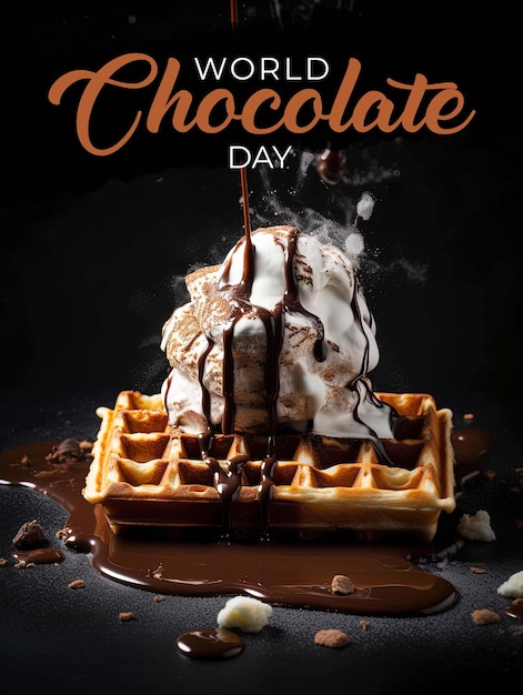 A poster for a chocolate day with a waffle with whipped cream and chocolate syrup