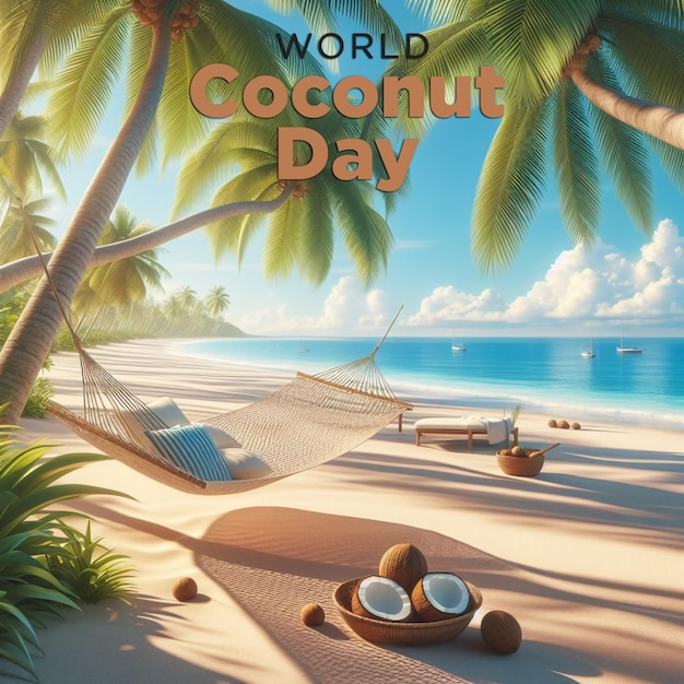 poster for coconut day on the beach with palm trees and sun