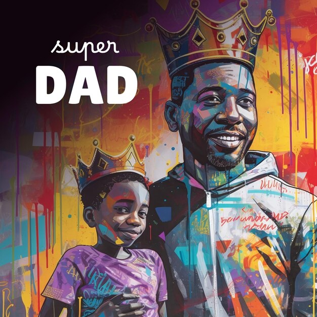 A poster of a dad with his son with the text super dad for fathers day concept