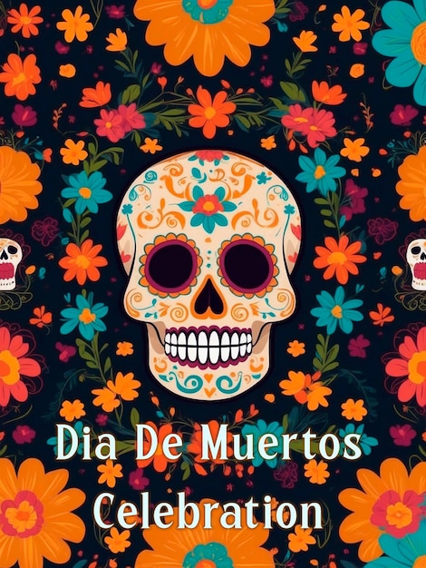 a poster for day of the dead with flowers and a skull