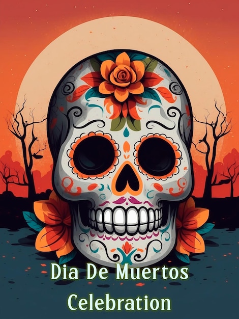 a poster for day of the dead with a skull and flowers on it