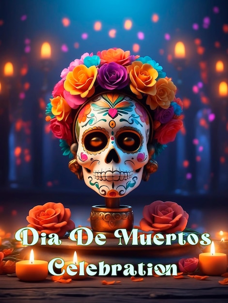 a poster for day of the dead with a skull and flowers