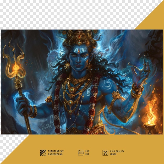 a poster of a deity with a fire in the background