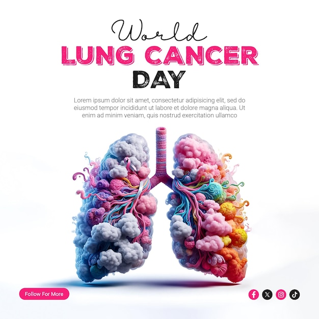 Poster design for world lung cancer day with 3d rendered lung and a ribbon on it