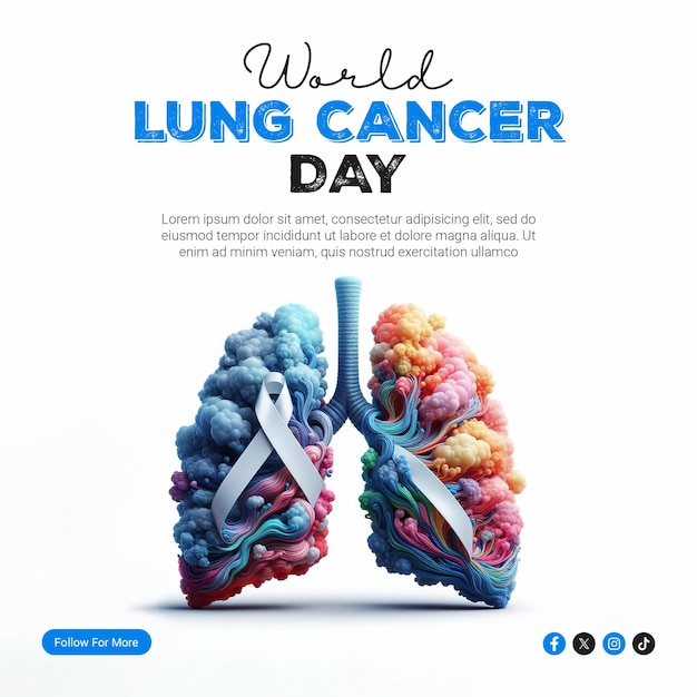 Poster design for world lung cancer day with 3d rendered lung and a ribbon on it