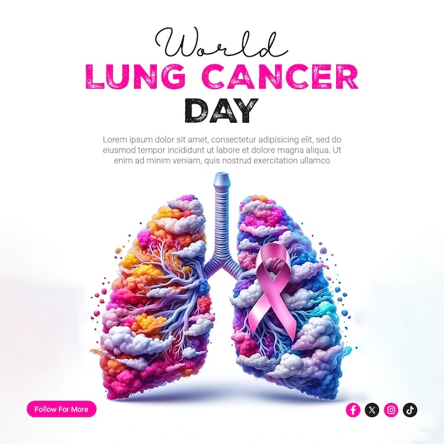 Poster design for world lung cancer day with 3d rendered lung and a ribbon on it