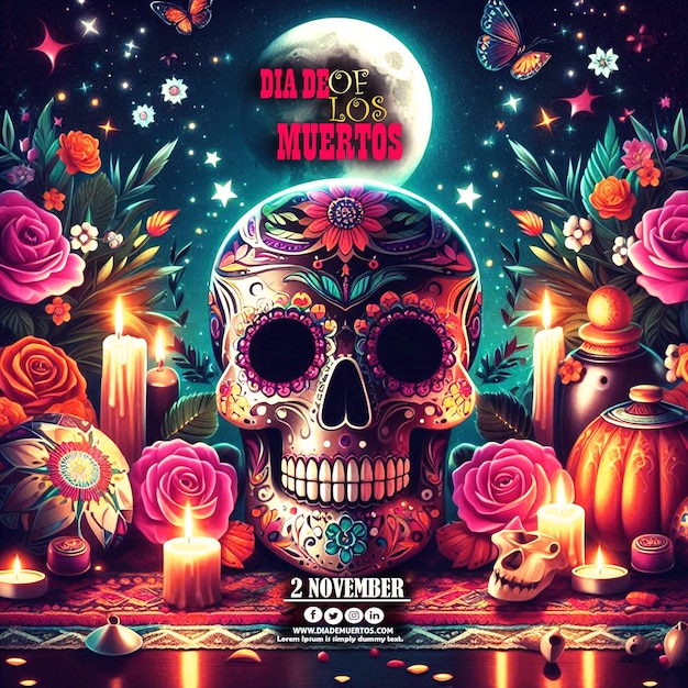 PSD a poster for the dia de los muertos festive black moon with flowers on it