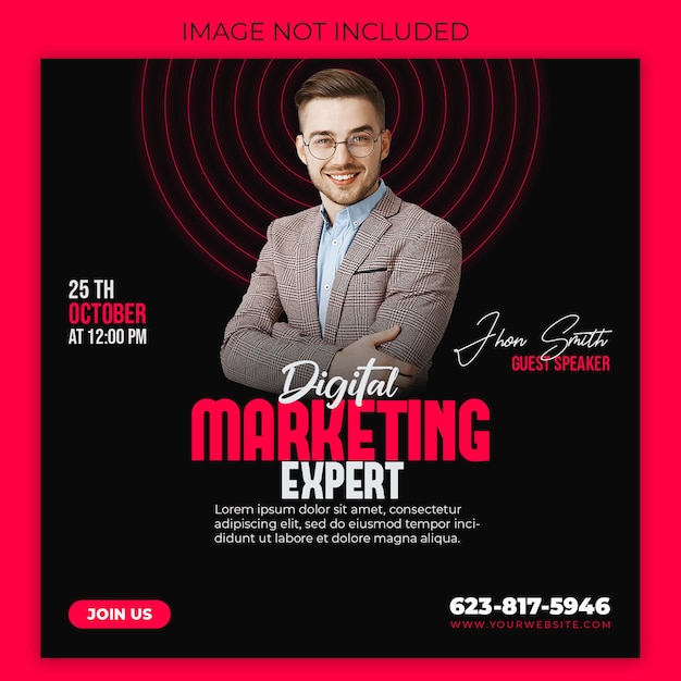 A poster for digital marketing expert with a man in a suit.