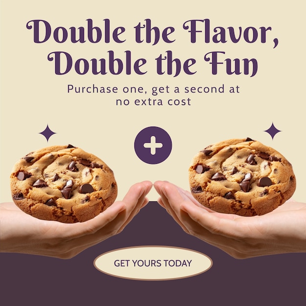 PSD a poster for double chocolate cookies with a picture of a couple hands holding them