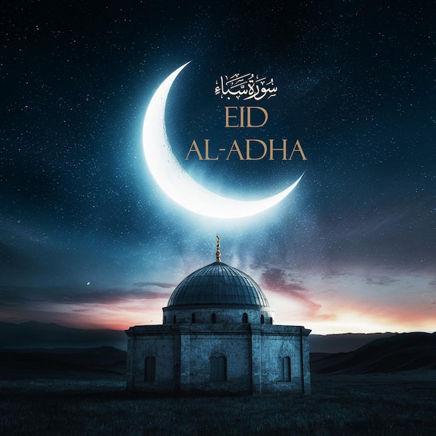 PSD a poster for eid al adha an arabic mosque with a crescent moon