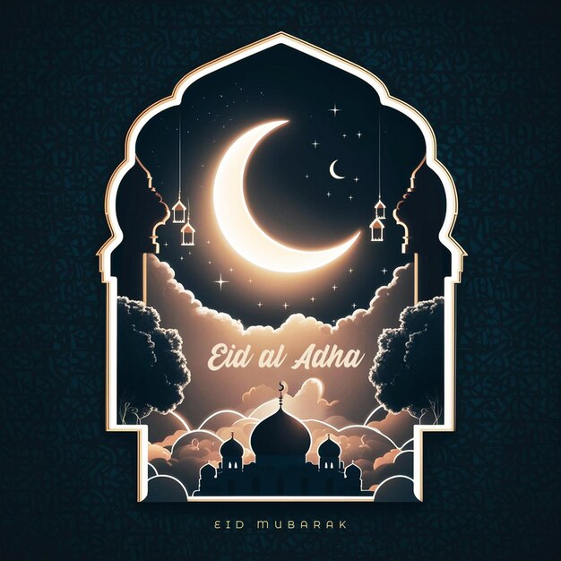 PSD a poster for eid al adha an arabic mosque with a crescent moon