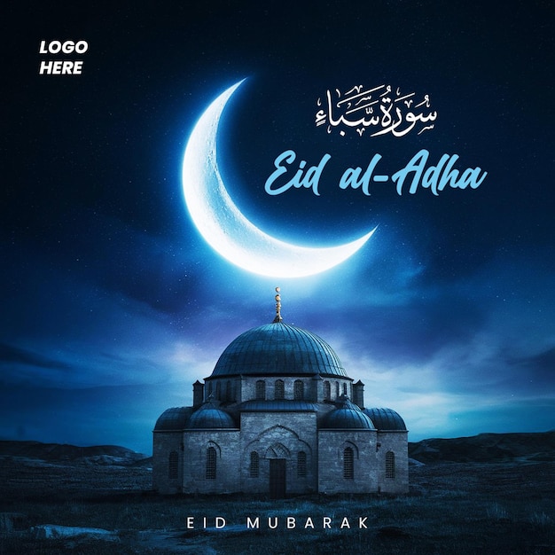 PSD a poster for eid al adha an arabic mosque with a crescent moon