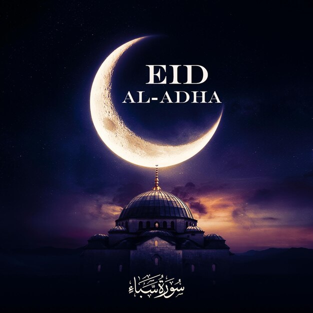 PSD a poster for eid al adha an arabic mosque with a crescent moon