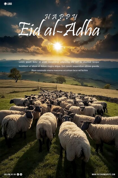 PSD a poster for eid al adha with background from a flock of sheep at feild under sunset