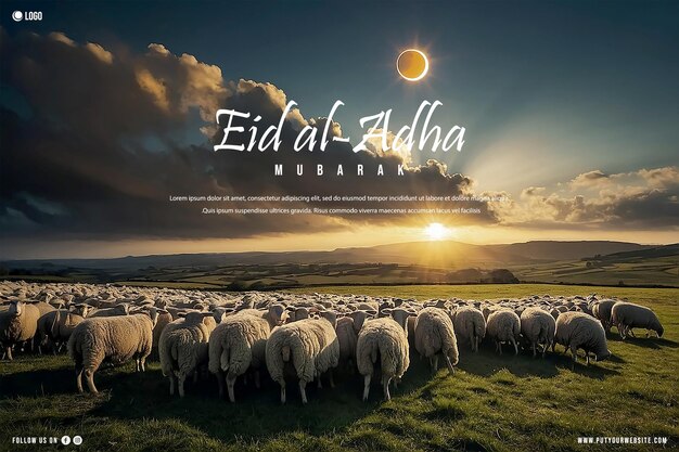 PSD a poster for eid al adha with background from a flock of sheep at feild under sunset