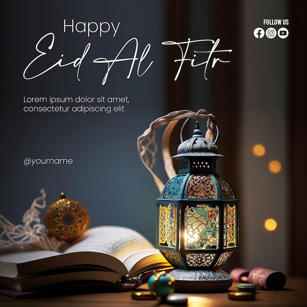 A poster for eid al fitr with a lamp on it