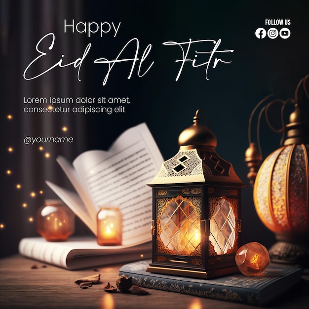 A poster for eid eid celebration with candles and lanterns