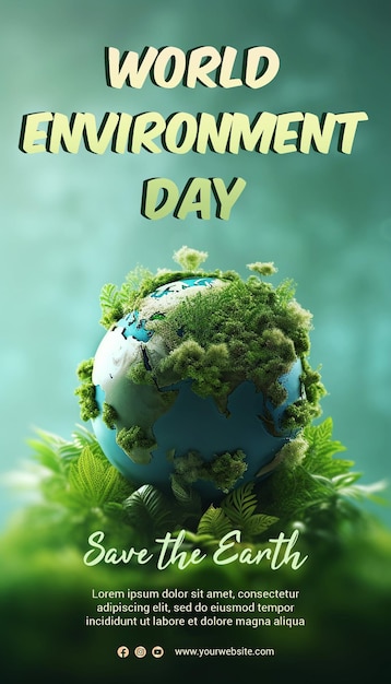 A poster for the environment day with a green globe on the top.