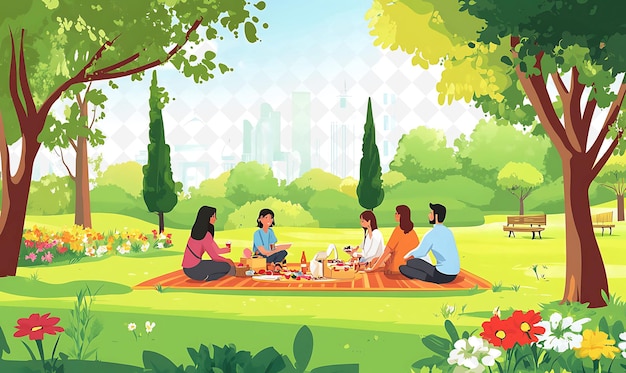 a poster for a family in a park with a city in the background