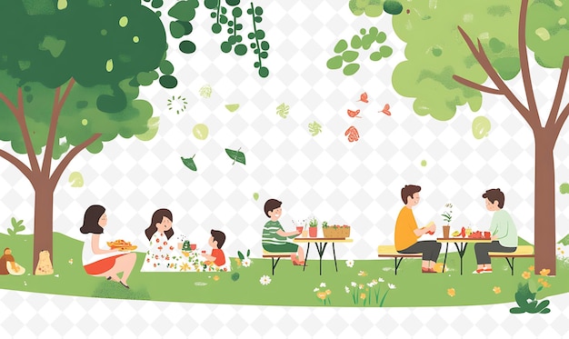 PSD a poster for a family with a picnic table and a tree with a bench and people sitting in the grass