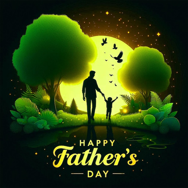 a poster for a father and son with a background of trees and a moon