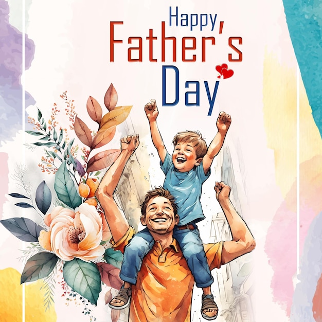 a poster of a father and son with a happy father holding his arms up