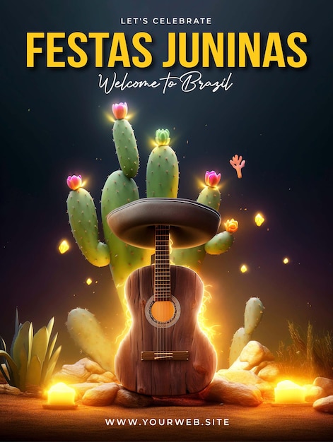 A poster for festa junina with a guitar and cactus in the foreground