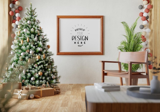 Poster Frame in Christmas decoration room Psd Mockup