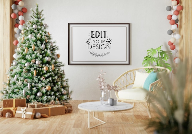 Poster Frame in Christmas decoration room Psd Mockup