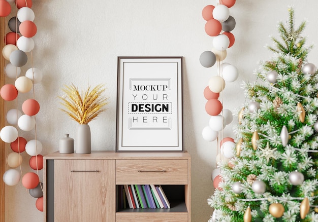 Poster Frame in Christmas decoration room Psd Mockup