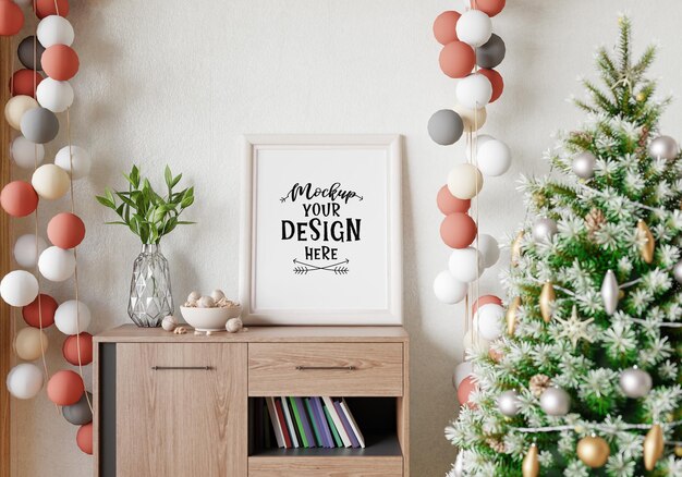 Poster Frame in Christmas decoration room Psd Mockup