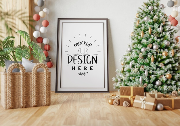 PSD poster frame in christmas decoration room psd mockup