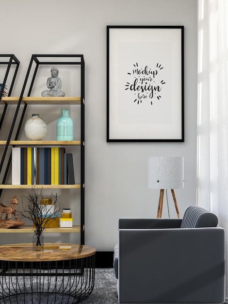 Poster Frame in living room Psd Mockup