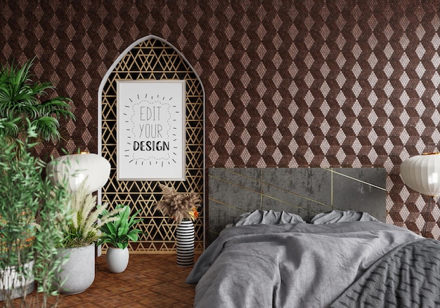 PSD poster frame mockup in a bedroom