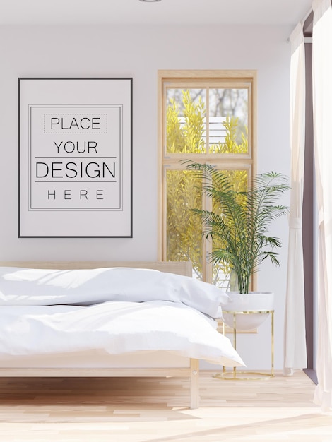 PSD poster frame mockup interior in a bedroom