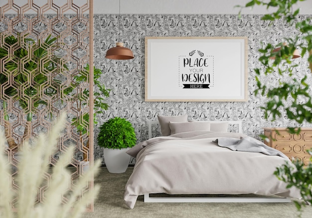 PSD poster frame mockup interior in a bedroom