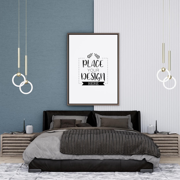 PSD poster frame mockup interior in a bedroom