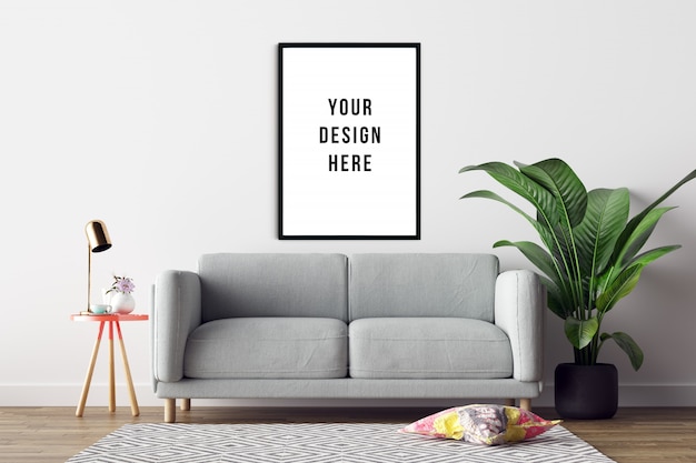 Poster Frame Mockup Interior with Sofa and Decoration