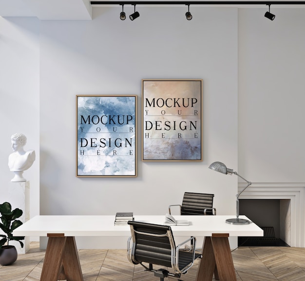 Poster frame mockup in modern contemporary office room