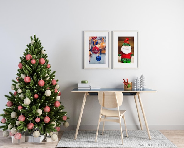 Poster frame mockup with christmas tree