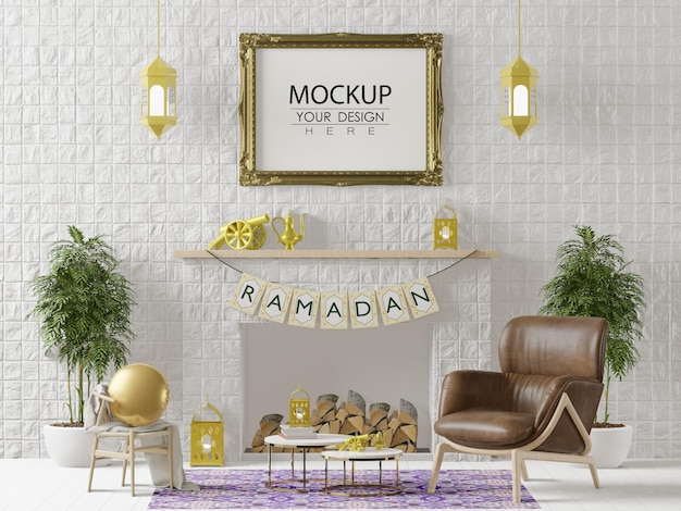 Poster frame Mockup with interior ramadan decoration living room