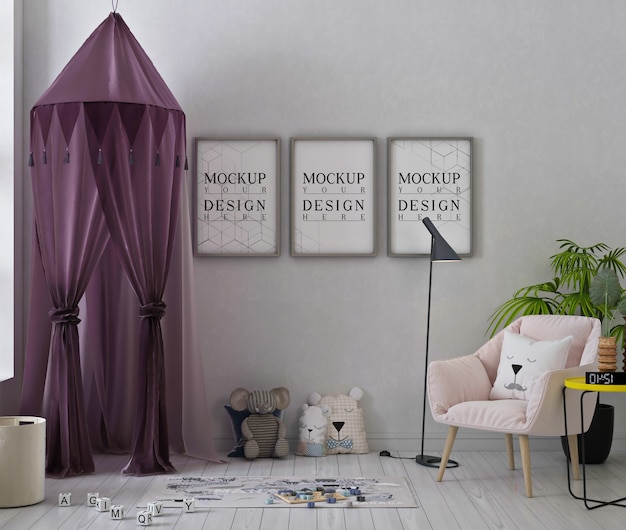 poster frames mockup in cute playroom with purple tent and toys