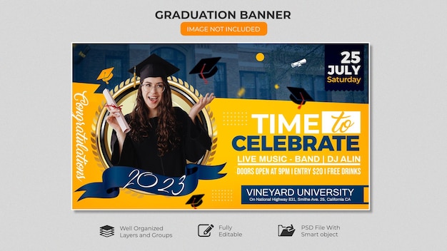 A poster for a graduation banner that says " time for celebration ".