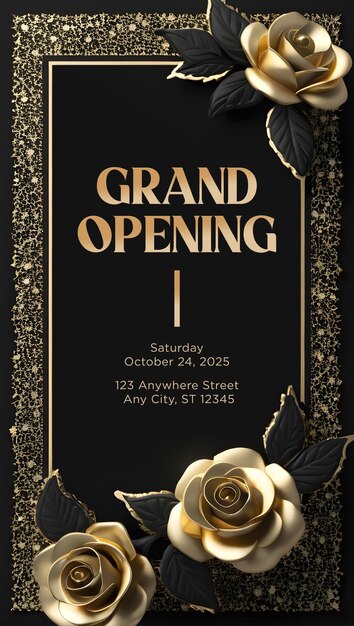 PSD a poster for grand opening is displayed in a black frame