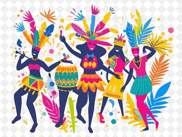 a poster of a group of women in colorful costumes with feathers on the bottom